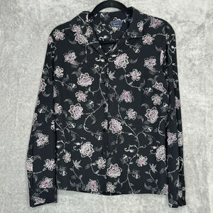 Laura Scott 10 Medium Shirt Top Black Floral Long Sleeve V Neck Button Up Women